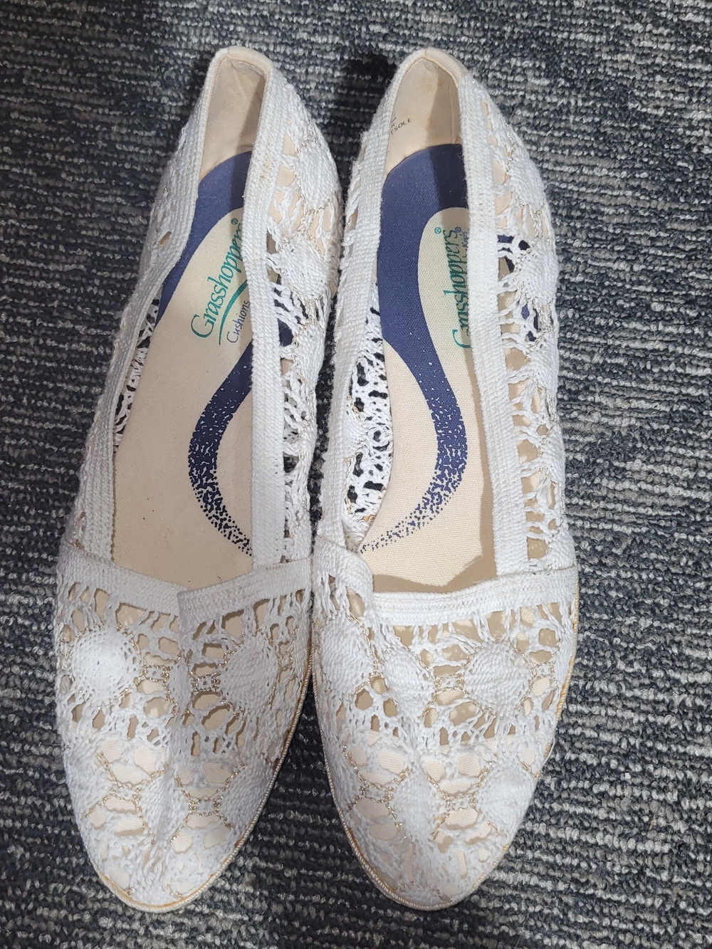 Grasshoppers White Crochet Wedge Flats
